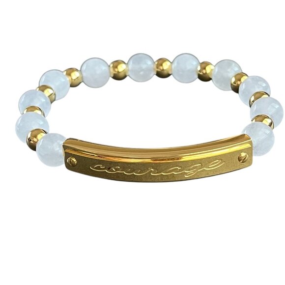Rustic Cuff White Natural Stone and Stainless Beaded "Courage" Stretch Bracelet - Picture 1 of 3